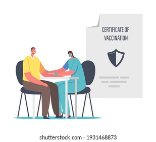 Vaccination for Covid Immune Medical Certificate Concept. Male Character in Hospital Laboratory Getting Vaccine for Health Passport Coronavirus Prevention. Cartoon People Vector Illustration