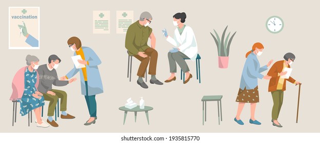 vaccination covid-19 coronavirus concept. Doctor woman in protective mask and gloves Injecting of Flu Vaccine to elderly man, old couple  sits wait, nurse help elderly person after  vaccination