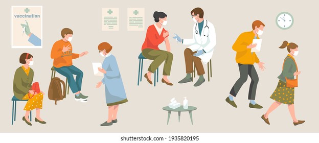 vaccination covid-19 coronavirus concept. Doctor in protective mask and gloves injecting of Flu Vaccine to woman. woman and man sits wait, nurse help them, peoples after vaccination 