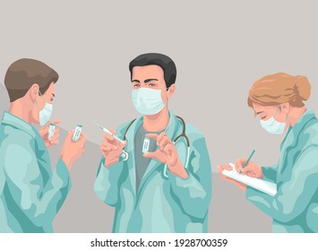 vaccination covid-19 coronavirus concept Doctors in personal protective mask with syringe inject vaccine shot and vaccine bottles in hands, nurse take notes 