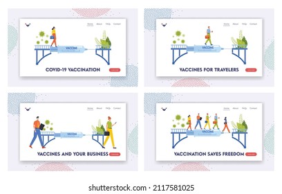 Vaccination of Covid-19 Infection Landing Page Template. Vaccine as Bridge from Problems Concept. Characters Cross over the Huge Syringe with Remedy of Coronavirus. Cartoon People Vector Illustration