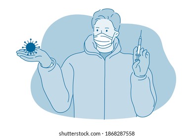 Vaccination, Danger of coronavirus infection epidemic, protective facial mask concept. Young man in medical protective mask standing with syringe with vaccine and holding COVID-19 bacteria in hands