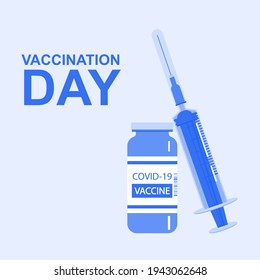 Vaccination day. Vector illustration with medical disposable syringe and covid-2019 vaccine bottle concept. Health medicine. Treatment of coronavirus. Template medical vaccine for banner, brochure