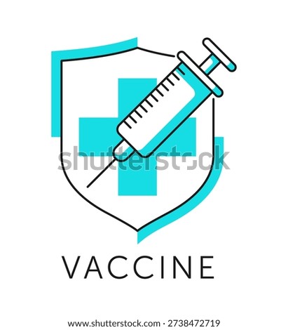 Vaccination decorative emblem in thin line and blue color, with shield and syringe. Biological preparation providing active acquired immunity to a particular infectious or malignant disease