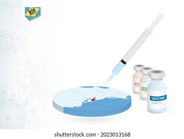 Vaccination in Delaware with different type of COVID-19 vaccine. Сoncept with the vaccine injection in the map of Delaware. Vector illustration.