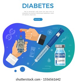 Vacunación, diabetes, pancarta de inmunización con iconos planos medidor de glucosa en sangre, jeringa para pluma de insulina, frasco de vacuna. ilustración vectorial