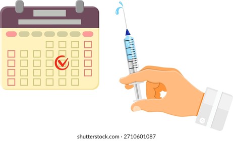 Vacinação, diabetes, bandeira de imunização com ícones planos seringa, calendário, escudo, garrafa de vacina.