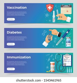 Vaccination, diabetes, immunization horizontal banners with flat icons syringe, blood glucose meter, insulin pen syringe, vaccine bottle, insulin vial. vector illustration
