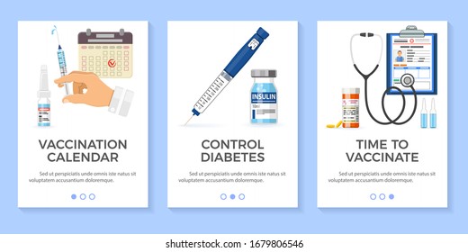 Vaccination diabetes vertical banners with syringe, insulin pen syringe, insulin bottle, vial vaccine, patient medical card. vaccination calendar. flat style icon. vector illustration