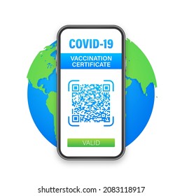 Certificado digital de vacunación en smartphone. Pantalla telefónica con código qr y marca de verificación de pase vacunada. Pasaporte sanitario. Ilustración de material vectorial.