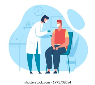 Vaccination. Doctor giving patient vaccine injection at hospital. Person getting vaccinated, coronavirus prevention, immunization vector concept. Nurse in uniform with syringe in hand