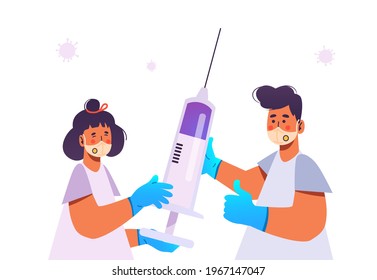 Vaccination during covid-19 pandemic. Big syringe with coronavirus vaccine. Doctor and nurse wearing protective face mask n95 and medical gloves. Double masking. New normal. Isolated vector.
