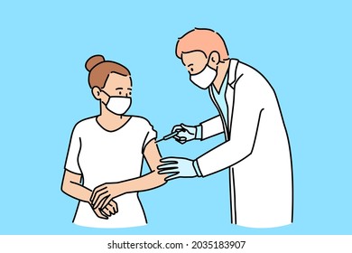 Vaccination during COVID-19 pandemic concept. Young man doctor in medical protective mask making injection vaccination for woman patient during coronavirus epidemic vector illustration