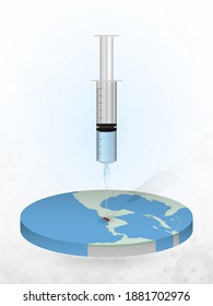 Vaccination of El Salvador, injection of a syringe into a map of El Salvador. Vector illustration of a syringe with vaccine and map.