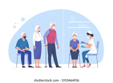 Vaccination of the elderly against coronavirus. Vector illustration of an elderly woman vaccinated by a doctor and a queue of people waiting. Isolated on background 