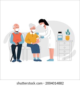 Vaccination of the elderly against coronavirus. Vector illustration of an elderly woman vaccinated by a doctor and a queue of old man waiting. Isolated on background