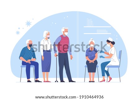 Vaccination of the elderly against coronavirus. Vector illustration of an elderly woman vaccinated by a doctor and a queue of people waiting. Isolated on background 