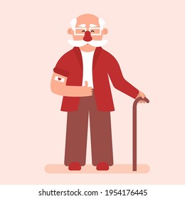 Vaccination of the elderly. Elderly man pulls up the sleeve of his suit to reveal the vaccination bandage. Grandpa gives a thumbs-up after getting the vaccine. Flat vector illustration. Eps 10