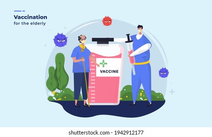 Vaccination for the elderly, old man with medical team, vaccine of Covid-19 coronavirus ready to injected