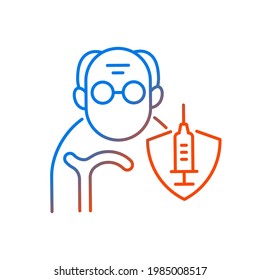 Vaccination of elderly people gradient linear vector icon. Priority list age group. Senior man for vaccine injection. Thin line color symbols. Modern style pictogram. Vector isolated outline drawing