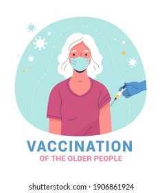 Vaccination of the elderly poster template. Vector modern illustration of a senior woman and a doctor's hand with a syringe. Isolated on abstract background