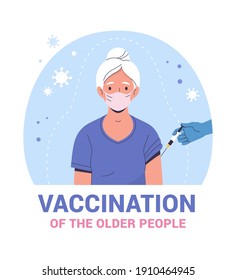 Vaccination of the elderly poster template. Vector modern illustration of a senior woman and a doctor's hand with a syringe. Isolated on abstract background