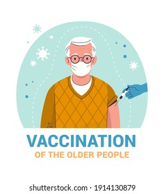 Vaccination of the elderly poster template. Vector modern illustration of a senior man and a doctor's hand with a syringe. Isolated on abstract background