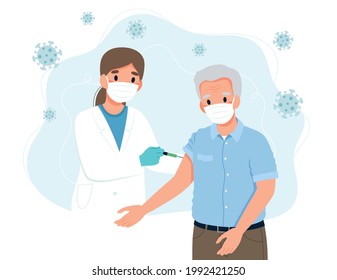 Vaccination for the elderly, senior man and a doctor with a syringe. Concept vector illustration in flat cartoon style