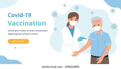 Vaccination for the elderly, senior man and a doctor with a syringe. Banner webpage template vector illustration in flat cartoon style