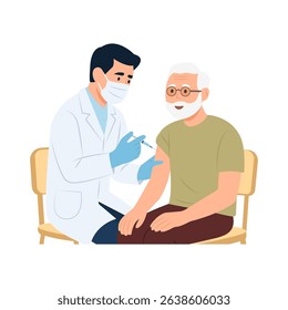 Vaccination of the elderly. A senior man and a doctor with a syringe.Vector Illustration