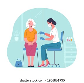 Vaccination of the elderly. Vector modern illustration of a senior woman and a doctor with a syringe. Isolated on abstract background