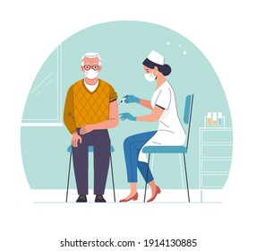 Vaccination of the elderly. Vector modern illustration of a senior man and a doctor with a syringe. Isolated on abstract background