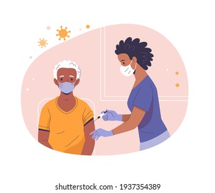 Vaccination of the elderly. Vector modern illustration of a senior black woman and african-american doctor with a syringe. Isolated on abstract background