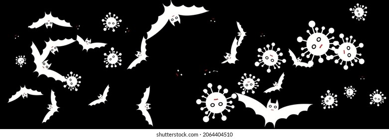 Vaccination Epidemic Creepy Spooky Funny Bats. Cartoon White Virus Dracula Corona Halloween Design. Horror Scary Bloody Party Covid Illustration. Mysterious Gothic Fear Faces Vampire Backdrop.
