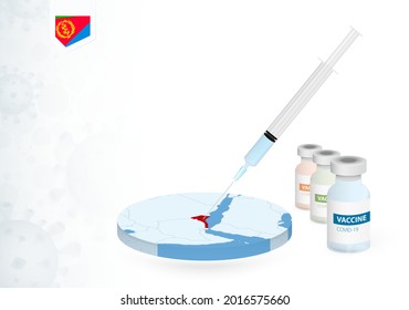 Vaccination in Eritrea with different type of COVID-19 vaccine. Сoncept with the vaccine injection in the map of Eritrea. Vector illustration.