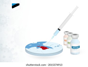 Vaccination in Estonia with different type of COVID-19 vaccine. Сoncept with the vaccine injection in the map of Estonia. Vector illustration.