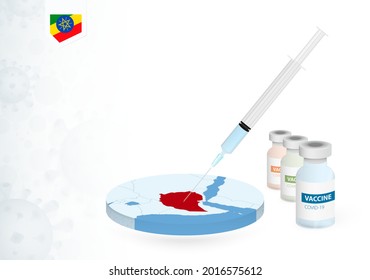 Vaccination in Ethiopia with different type of COVID-19 vaccine. Сoncept with the vaccine injection in the map of Ethiopia. Vector illustration.