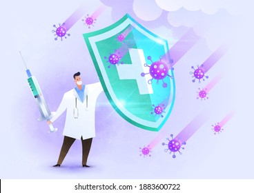 Vaccination Fighting Covid-19 concept illustration. Doctor rising the shield against the virus and fighting back with the vaccine. Vector design template.