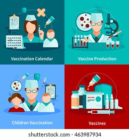 Vaccination flat 2x2 design concept with vaccination calendar and set of medical tools and vaccine products vector illustration