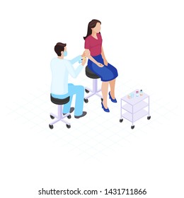 Vaccination flat color vector illustration. Immunization, inoculation, healthcare. Male doctor giving vaccine shot to female patient 3d concept. Physician in mask. Medicine and health