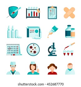 Vaccination flat colored icons set of medical staffs young patients microscope  tubes and phials with vaccine isolated vector illustration