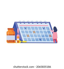 Vaccination flat composition with image of calendar with marks and capsules of vaccine vector illustration