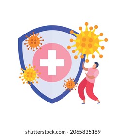 Composición plana de vacunación con imágenes de escudo médico de virus voladores e ilustración de vectores de caracteres humanos