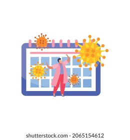 Composición plana de vacunación con bacterias del virus volador de carácter masculino e ilustración del vector del calendario