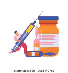 Vaccination flat composition with male character holding syringe and capsules with vaccine vector illustration