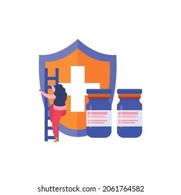 Vaccination flat composition with woman ladder and shield with medical cross and capsules vector illustration