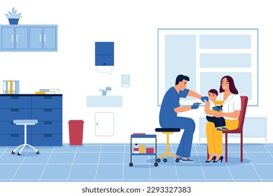 Concepto plano de vacunación con la inyección por el médico en la ilustración de un vector pequeño