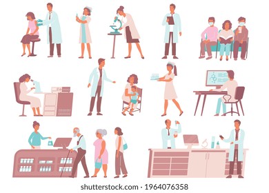 Vaccination flat icon set with creating and researching vaccines vaccinating the entire population and protecting against viruses vector illustration