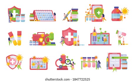 Vaccination flat isolated icon set with test tubes ampoules vaccine bottle calendar and other medical attributes vector illustration