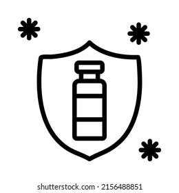 Vaccination flat line icon. Vaccine, syringe, inject, shield . Outline sign mascara for mobile concept and web design, store.